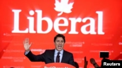 19일 캐나다 퀘벡 주 몬트리 시에서 쥬스탱 트뤼도 자유당 대표가 총선 승리 연설을 하고 있다.
