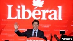 Justin Trudeau durante la celebración del triunfo electoral parlamentario del lunes.