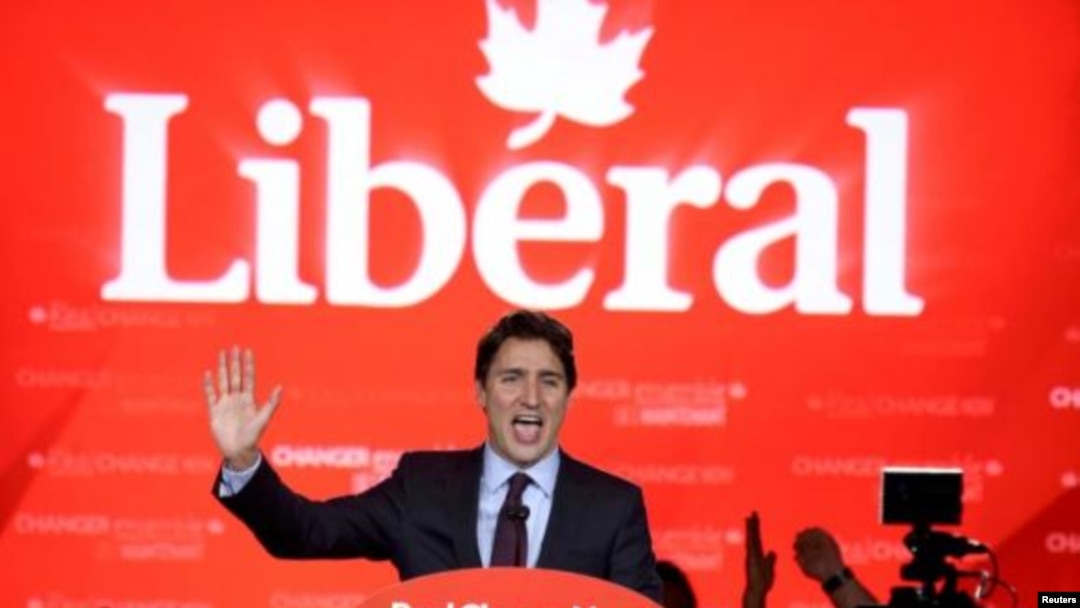Perdana Menteri Justin Trudeau saat memberi pidato di hadapan para pendukung Partai Liberal, Oktober 2015. (Foto: Reuters)