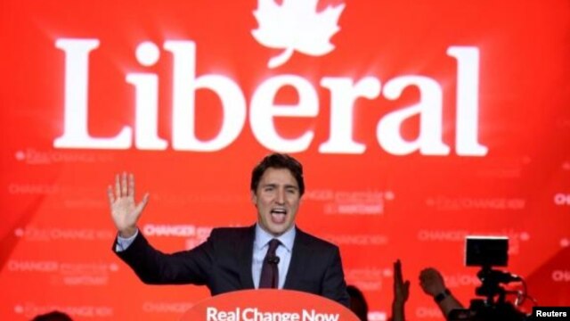 Justin Trudeau durante la celebración del triunfo electoral parlamentario del lunes.