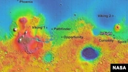 The four semifinalist sites located close together in the Elysium Planitia region of Mars. The mission known by the acronym InSight will study the Red Planet's interior.