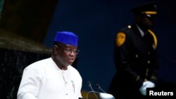 Sierra Leone's President Julius Maada Bio addresses the 74th session of the U.N. General Assembly at U.N. headquarters in New York, Sept. 26, 2019. 