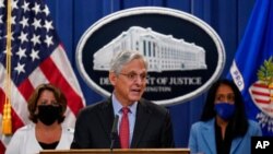Attorney General Merrick Garland announces a lawsuit to block the enforcement of new Texas law that bans most abortions, at the Justice Department in Washington, Sept. 9, 2021. 