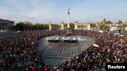 People protest in Heroes’ Square against a new law that would undermine Central European University, a liberal graduate school of social sciences founded by U.S. financier George Soros in Budapest, Hungary, April 12, 2017.