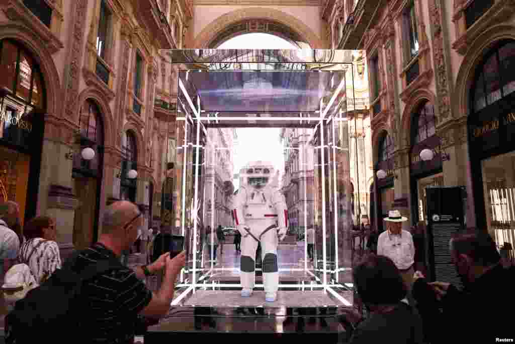 A Prada and Axiom Space spacesuit (Axiom Extravehicular Mobility Unit) is displayed in downtown Milan, designed and developed for the Artemis III lunar mission, in Milan, Italy.