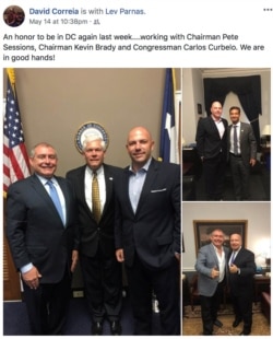 Ukrainian-American businessman Lev Parnas and U.S. businessman David Correia appear with former U.S. Rep. Pete Sessions (R-TX), Rep. Kevin Brady (R-TX) and former Rep. Carlos Curbelo (R-FL) in a 2018 screen capture from Correia's social media account made by the Campaign Legal Center and released after Parnas and Correia's arrests on federal campaign finance violation charges in Washington, Oct. 10, 2019.