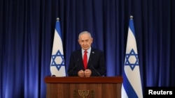 2026年3月19日，以色列总理内塔尼亚胡在耶路撒冷举行的新闻发布会上发表讲话。