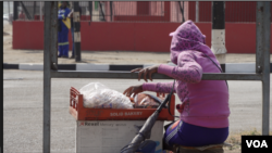 Sixteen-year-old girl Tribunal sells wares on a busy corner of Harare, Zimbabwe. Aug. 15, 2019. (C. Mavhunga/VOA) 