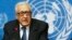 FILE - U.N. Special Representative Lakhdar Brahimi makes a statement to the media in Geneva, Sept. 13, 2013. 
