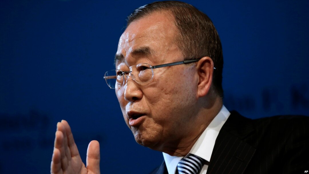 FILE - Former United Nations Secretary-General Ban Ki-moon addresses an audience June 28, 2017, in Boston.