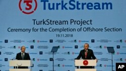 Russian President Vladimir Putin, left, and Turkey's President Recep Tayyip Erdogan, attend an event marking the completion of the offshore part of TurkStream natural gas pipeline that will carry natural gas from Russia to Turkey, in Istanbul, Nov. 19, 2018.