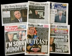 FILE - A combination photo of the front-pages of British newspapers on Nov. 21, 2019, headlining the scandal surrounding Britain's Prince Andrew.