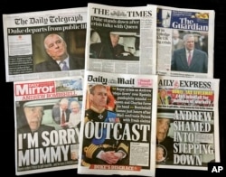 A combination photo of the front-pages of British newspapers on Thursday Nov. 21, 2019 headlining the scandal surrounding Britain's Prince Andrew.