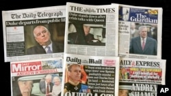 A combination photo of the front-pages of British newspapers on Thursday Nov. 21, 2019 headlining the scandal surrounding Britain's Prince Andrew. Lawyers for victims of sex offender Jeffrey Epstein say Britain's Prince Andrew should speak to U.S…