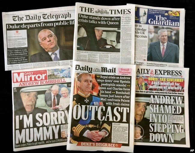 A combination photo of the front-pages of British newspapers on Thursday Nov. 21, 2019 headlining the scandal surrounding Britain's Prince Andrew.