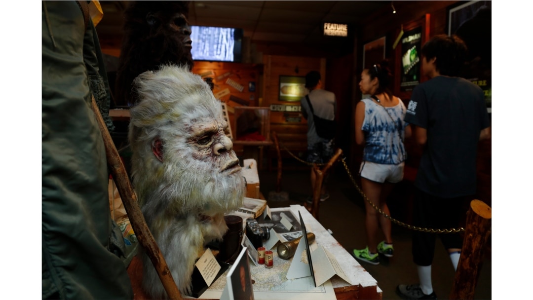 This Aug. 8, 2019, photo shows a Bigfoot mask on display at Expedition: Bigfoot!, The Sasquatch Museum in Cherry Log, Georgia.