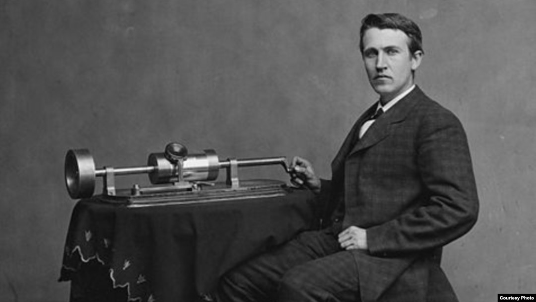 Thomas Edison poses with his phonograph in the Washington D.C., studio of famed US Civil War photographer Mathew Brady. (Wikipedia Commons)