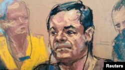 Croquis de Joaquin "El Chapo" Guzman, lors de sa comparution devant le palais de justice fédéral de Brooklyn à New York, 5 mai 2017.