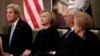 U.S. Secretary of State John Kerry (L) and former secretaries of State Hillary Clinton, Colin Powell and Madeleine Albright (R) attend a reception celebrating the completion of the U.S. Diplomacy Center Pavilion in Washington, Jan. 10, 2017. 