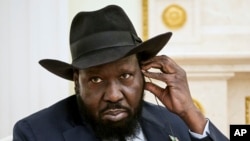 South Sudan President Salva Kiir Mayardit as listenS to Russian President Vladimir Putin during their talks at the Kremlin in Moscow, Russia, Thursday, Sept. 28, 2023. 