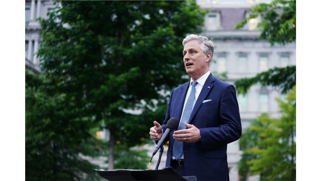 FILE - National security adviser Robert O'Brien speaks to reporters outside the West Wing of the White House in Washington, May 21, 2020.