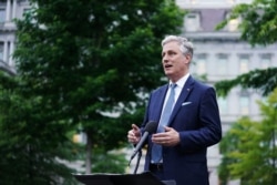 FILE - National security adviser Robert O'Brien speaks to reporters outside the West Wing of the White House in Washington, May 21, 2020.