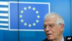 FILE - European Union foreign policy chief Josep Borrell speaks during an online news conference following a video conference of European Foreign and Defense Ministers meeting at the Europa building in Brussels, June 16, 2020.