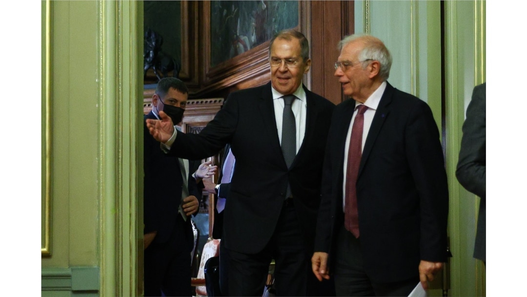 Russian Foreign Minister Sergey Lavrov and European Union High Representative for Foreign Affairs and Security Policy Josep Borrell hold a joint press conference following their talks in Moscow, Feb. 5, 2021.