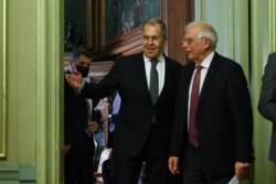 Russian Foreign Minister Sergey Lavrov and European Union High Representative for Foreign Affairs and Security Policy Josep Borrell hold a joint press conference following their talks in Moscow, Feb. 5, 2021.
