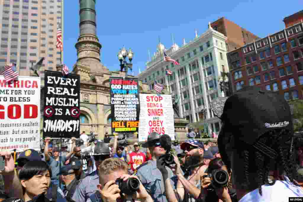 Hundreds of protesters converged in Public Square, prompting police to flood the area and keep the groups separated, in downtown Cleveland, July 19, 2016.