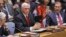 U.S. Vice President Mike Pence, center, addresses a meeting on Venezuela in the United Nations Security Council at U.N. headquarters, April 10, 2019.