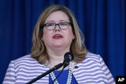 General Services Administration Administrator Emily Murphy speaks a ceremony in Washington, June 21, 2019.