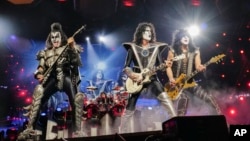 Gene Simmons, left, Tommy Thayer and Paul Stanley of KISS perform during the final night of the "Kiss Farewell Tour" on Saturday, Dec. 2, 2023, at Madison Square Garden in New York. (Photo by Evan Agostini/Invision/AP)