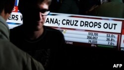 A live television screen at the Trump Tower displays the news to Trump supporters and journalists that Ted Cruz is pulling out of the presidential campaign after losing Indiana on May 03, 2016 in New York, New York.