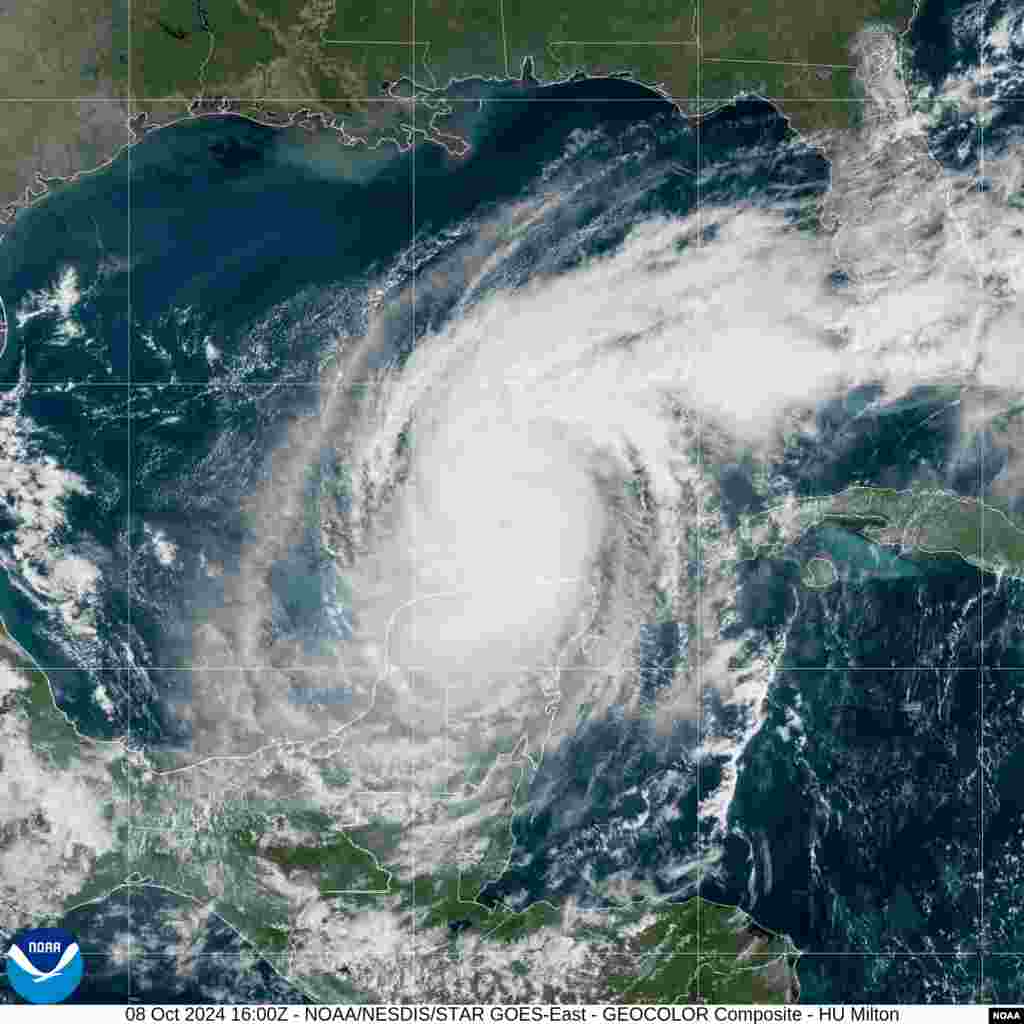 This satellite image by NOAA shows the location of Hurricane Milton on Oct. 8, 2024. It is moving ENE at 9 mph in the Gulf of Mexico with the minimum sustained winds of about 150 mph.