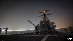 FILE - The USS Carney transits the Suez Canal on Nov. 26, 2923. The guided-missile destroyer on Dec. 16, 2023, shot down more than a dozen drones in the Red Sea launched from Houthi-controlled areas of Yemen. (U.S. Department of Defense via AFP)