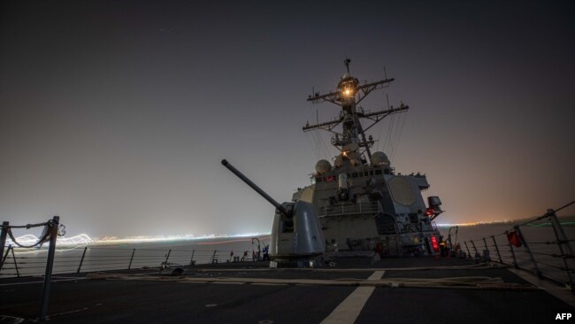 FILE - The USS Carney transits the Suez Canal on Nov. 26, 2923. The guided-missile destroyer on Dec. 16, 2023, shot down more than a dozen drones in the Red Sea launched from Houthi-controlled areas of Yemen. (U.S. Department of Defense via AFP)
