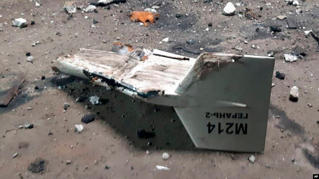 FILE - This undated photograph released by the Ukrainian military's Strategic Communications Directorate shows the wreckage of what Kyiv has described as an Iranian Shahed drone downed near Kupiansk, Ukraine. 