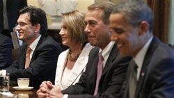 From left, House Majority Leader Eric Cantor, Minority Leader Nancy Pelosi and Speaker John Boehner share a smile with President Obama at the White House Thursday.