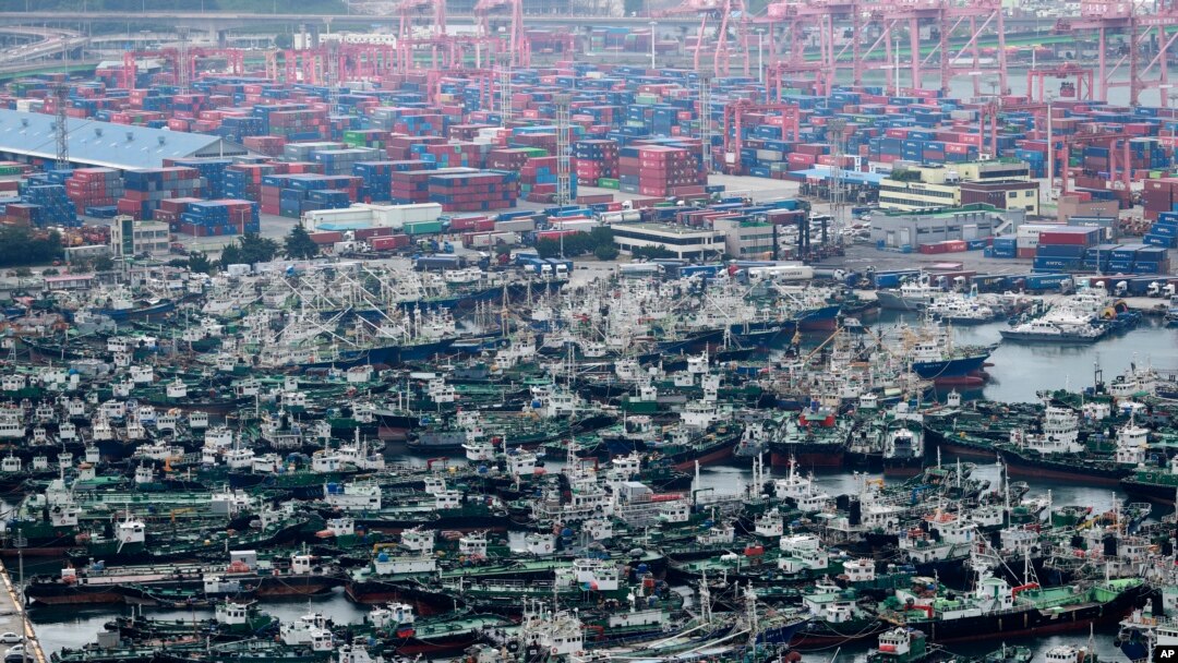 Kapal-kapal berlabuh di sebuah pelabuhan di Busan, Korea Selatan, Minggu, 6 September 2020. Badan cuaca Korea Selatan mengatakan Topan Haishen diperkirakan akan mengitari pantai timur Semenanjung Korea pada hari Senin dengan hujan lebat dan angin kencang. (Foto: AP)
