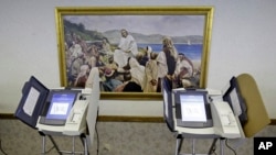 FILE - The polling station at the Sandy Granite View Church of Jesus Christ of Latter-Day Saints is shown June 24, 2014, in Sandy, Utah. Vice President Kamala Harris is stepping up her efforts to win over voters who belong to the Church of Jesus Christ of Latter-day Saints.