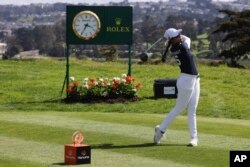 Thailand's Patty Tavatanakit hits on the 10th tee during the finals at the International Crown match play golf tournament in San Francisco, Sunday, May 7, 2023.