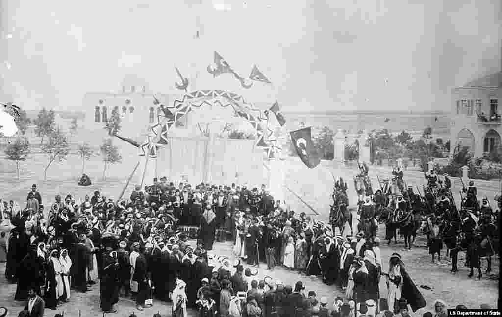 Photo shows the official opening of Beersheba by the Ottoman Turkish government before World War I. By 1906, the town consisted of 50 buildings, including a mosque and a police station