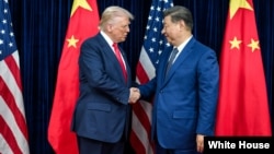 资料照片：唐纳德·特朗普总统在在韩国釜山金海国际机场航站楼与中国国家主席习近平举行会晤前握手。(2025年10月30日)