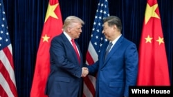 2025년 10월 30일, 대한민국 부산에서 열린 미중 양자 회담에 앞서 도널드 트럼프 대통령이 시진핑 중국 국가주석을 맞이하고 있다. (자료 사진)