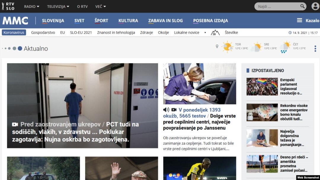 FILE - A portion of the home page of public radio and television broadcaster RTV Slovenia is seen in this web screenshot. 