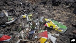 Puing-puing pesawat Ethiopian Airlines ET302 yang jatuh dekat Bishoftu, atau Debre Zeit, Ethiopia, Minggu (10/3). 