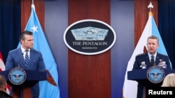 U.S. Secretary of Defense Pete Hegseth and Chairman of the Joint Chiefs of Staff Air Force General Dan Caine hold a press briefing in the Pentagon Press briefing room, in Washington, D.C., April 8, 2026. 