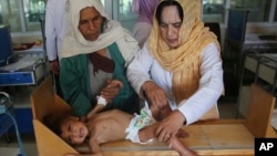 In this Aug. 21, 2019, photo, a nurse, right, checks the height of a malnourished girl, Humaira, in a ward at Indira Gandhi hospital in Kabul, Afghanistan. (AP Photo/Rafiq Maqbool)