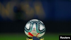FILE - General view of the match ball before the match between VIllarreal and Atletico Madrid at the Estadio de la Ceramica in Villarreal, Spain, Dec. 6, 2019. 